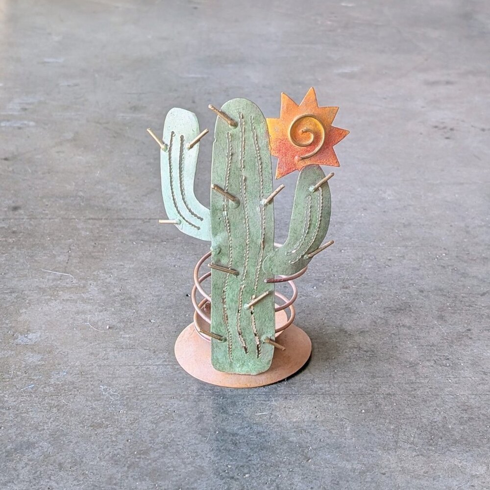 Green Cactus and Yellow Sun Metal Candle Holder Southwest Home Decor